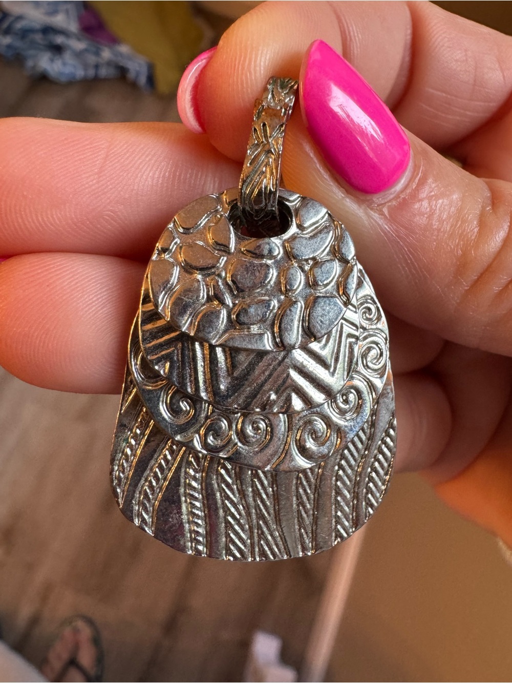 Handcrafted Silver-Tone Layered Textured Necklace Pendant